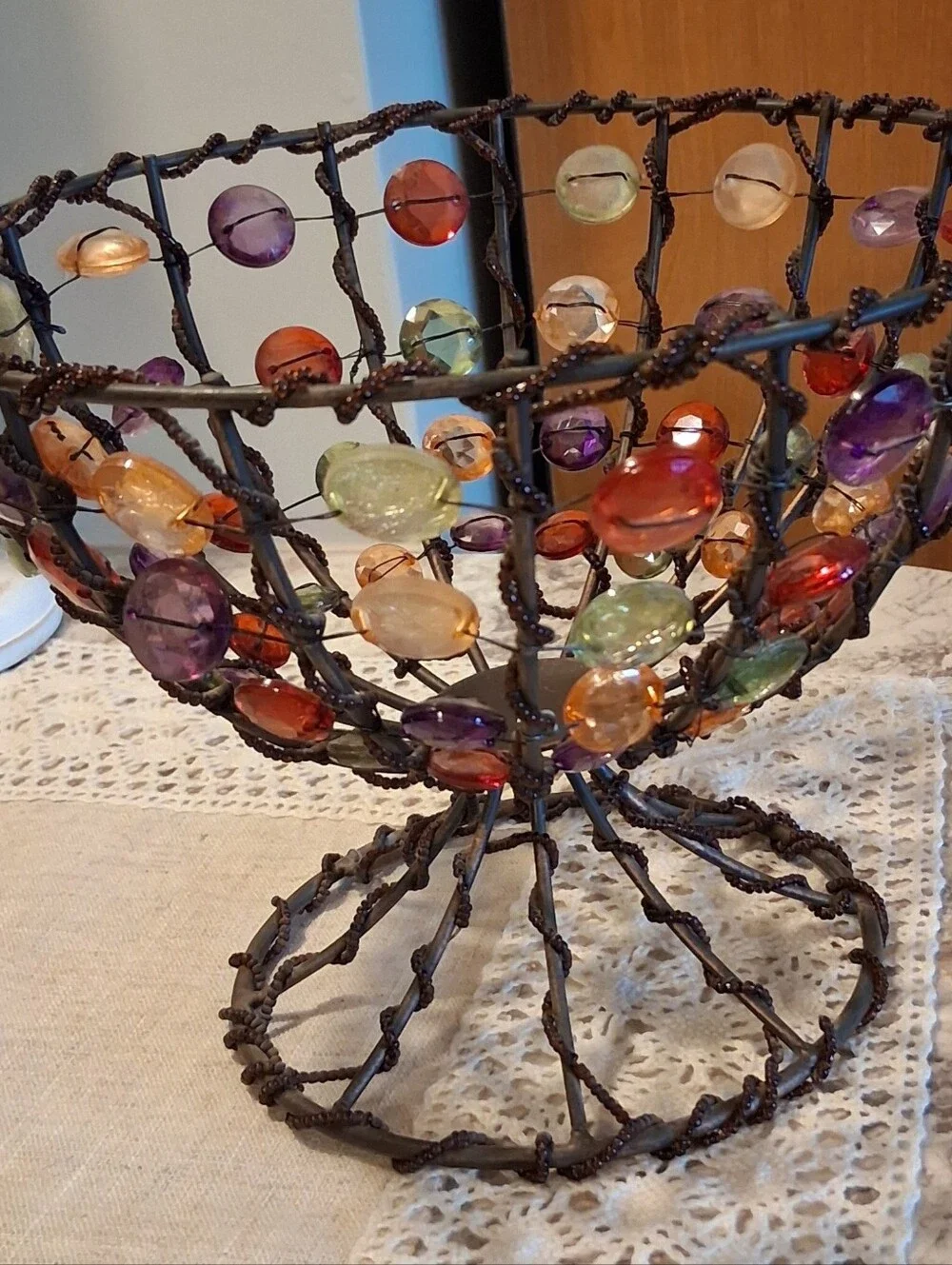 Vintage Beaded Wire & Metal Footed Bowl Basket Handmade Pop Art Retro Decor 8